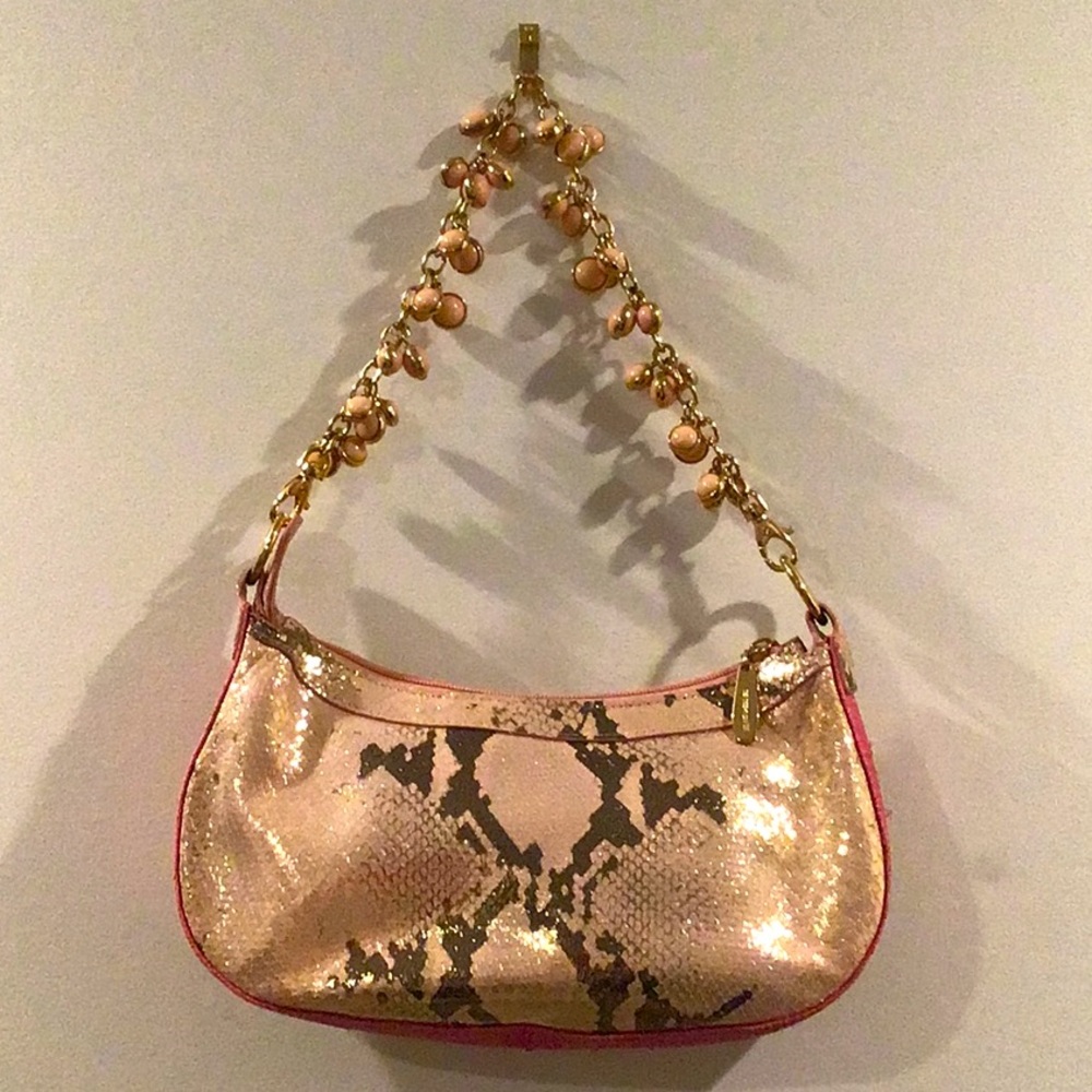 Purse for special occasions light pink with gold snakeskin and beaded strap.